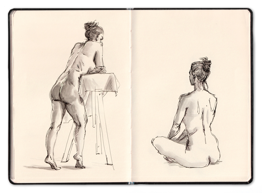 croquis de modèle vivant aquarelle et stylo par Marie-Ange Rousseau